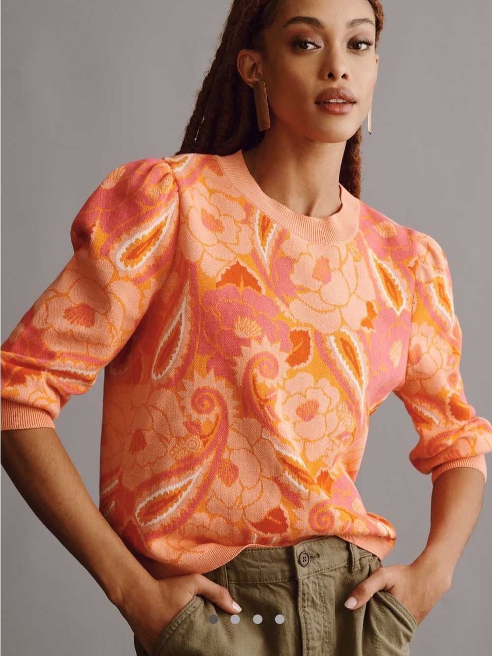 Farm Rio x Anthropologie Orange & Pink Floral Paisley Puff-Sleeve Knit Sweater